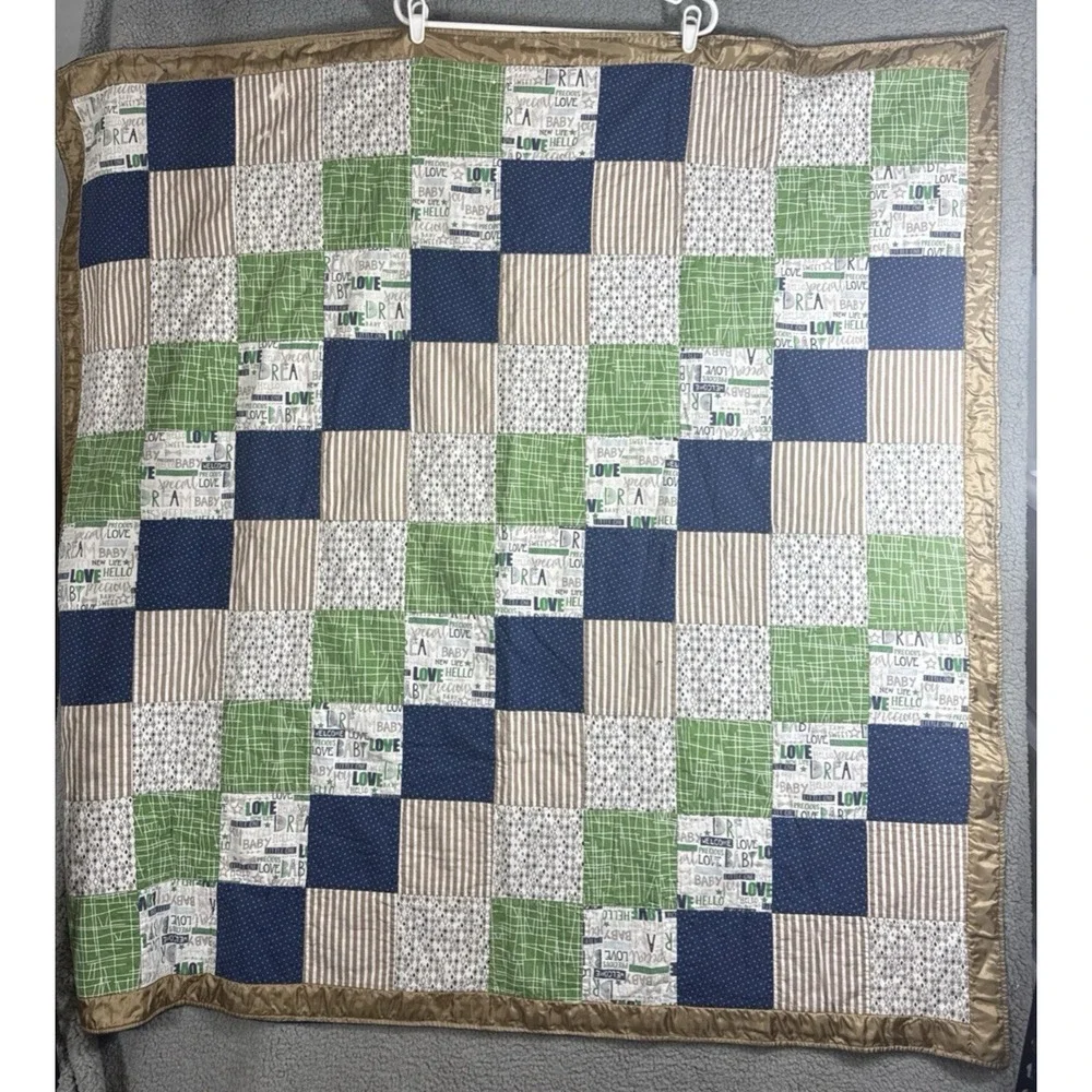 Handmade Baby Boy Blanket Quilt 51 x 51 Khaki Satin Trim Navy Minky Dot Back